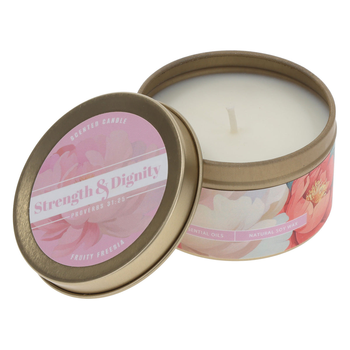 Strength & Dignity Fruity Freesia Scented Candle in Tin
