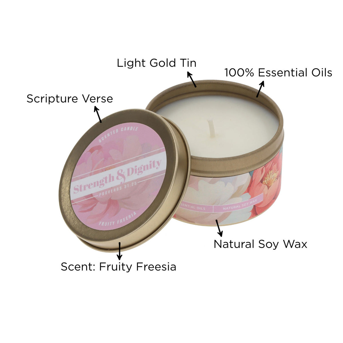 Strength & Dignity Fruity Freesia Scented Candle in Tin