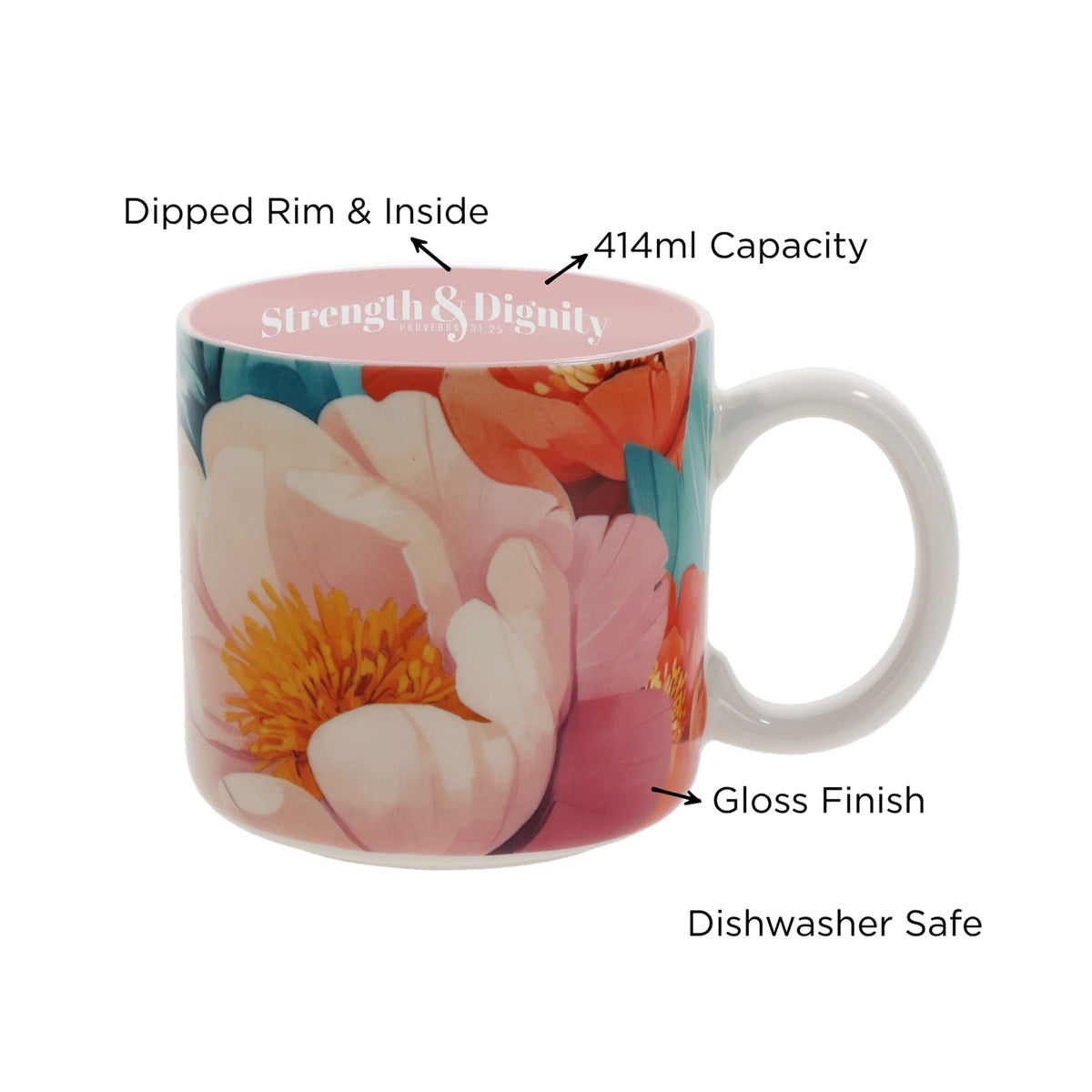 Strength and Dignity Floral Ceramic Mug with Pink Interior