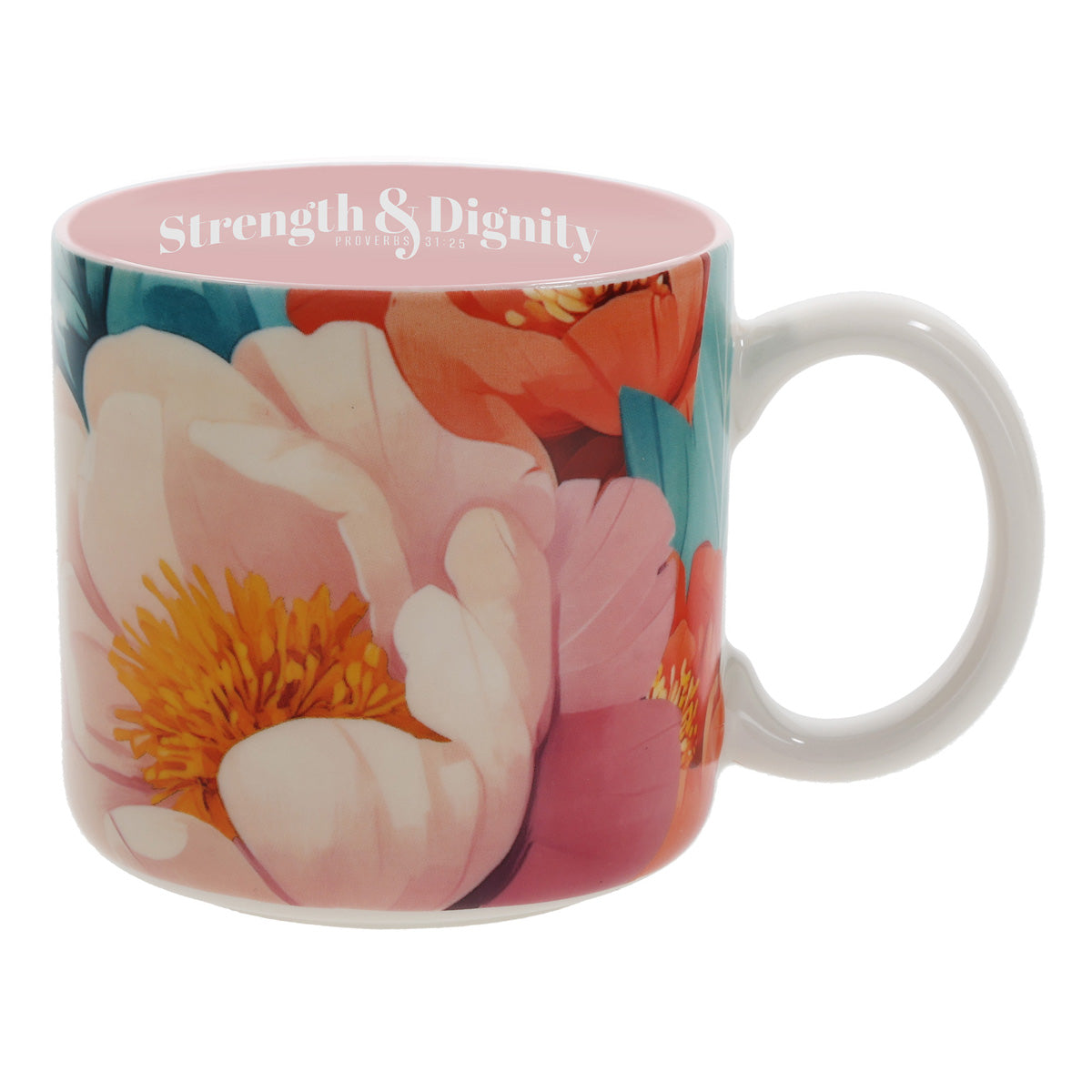 Strength and Dignity Floral Ceramic Mug with Pink Interior