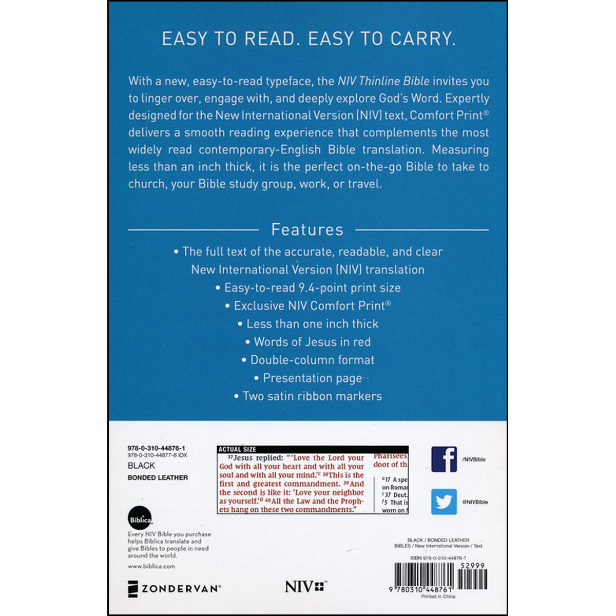 NIV Thinline Bible Black Red Letter Edition (Comfort Print)(Bonded Leather)