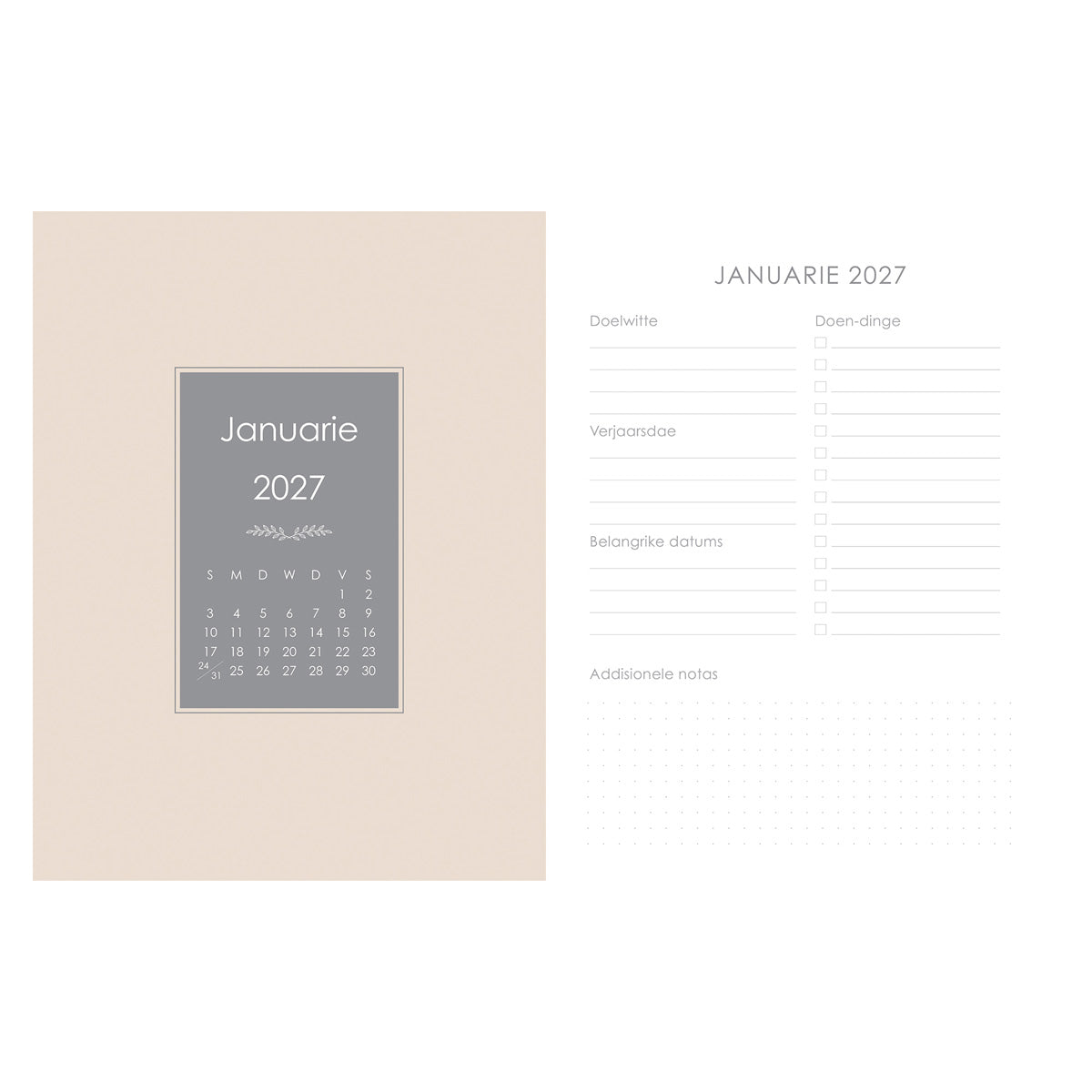 2027 18-Maande Dagbeplanner vir Vroue - Wees Stil en Weet - Kunsleer met Rits
