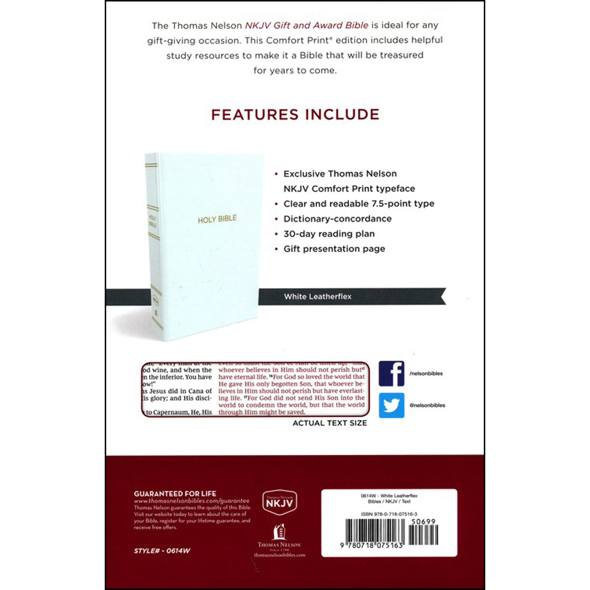 NKJV White Flexcover Imitation Leather Gift & Award Bible Red Letter Comfort Print