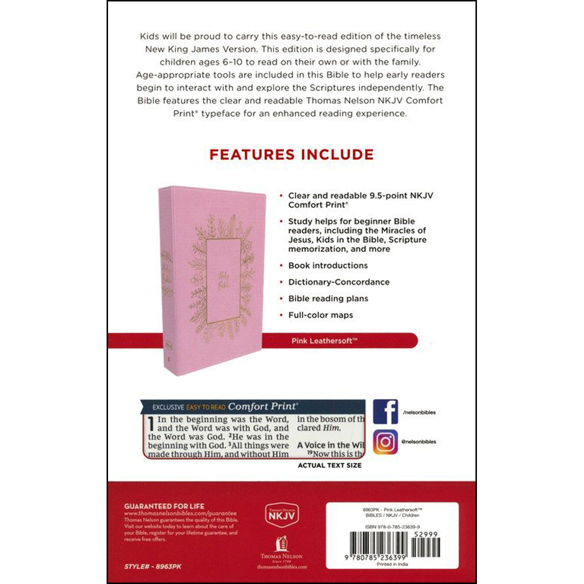 NKJV Holy Bible For Kids Pink (Comfort Print)(Imitation Leather)