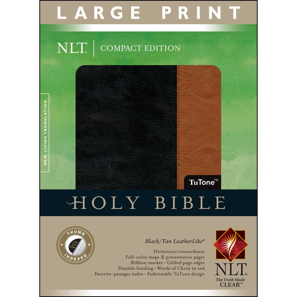 NLT Two-Tone Black and Tan Imitation Leather Compact Bible Large Print Indexed Red Letter