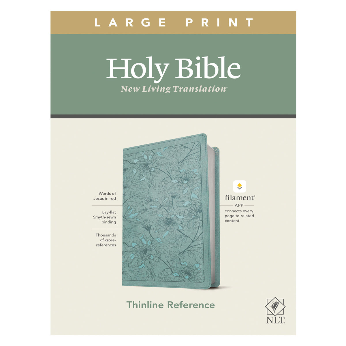 NLT Filament Thinline Reference Bible Large Print Red Letter Floral Leaf Teal (Imitation Leather)