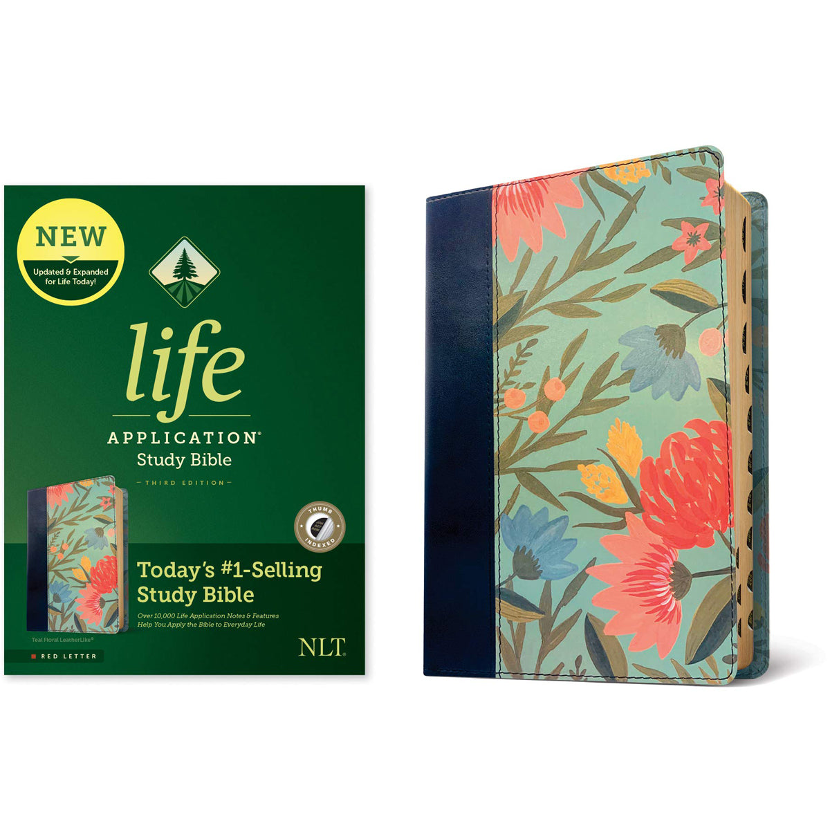 NLT Life Application Study Bible, Third Edition, Red Letter, Index, Floral Teal (Imitation Leather)