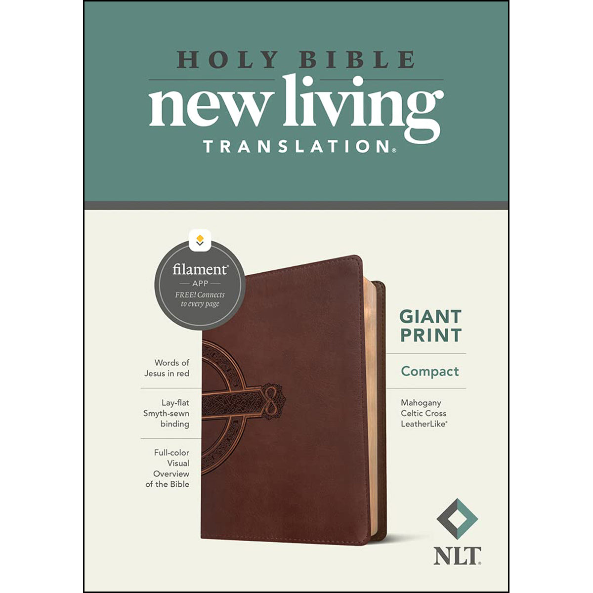 NLT Filament Compact Bible Giant Print Red Letter Mahogany Celtic Cross (Imitation Leather)
