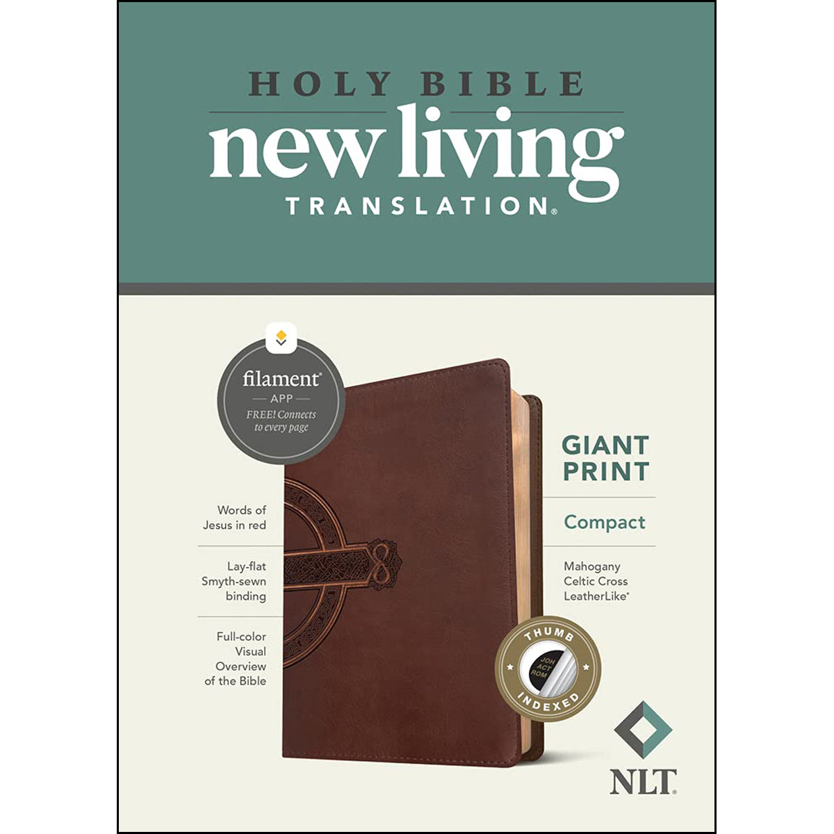 NLT Filament Compact Bible Giant Print Red Letter Indexed Mahogany Celtic Cross (Imitation Leather)