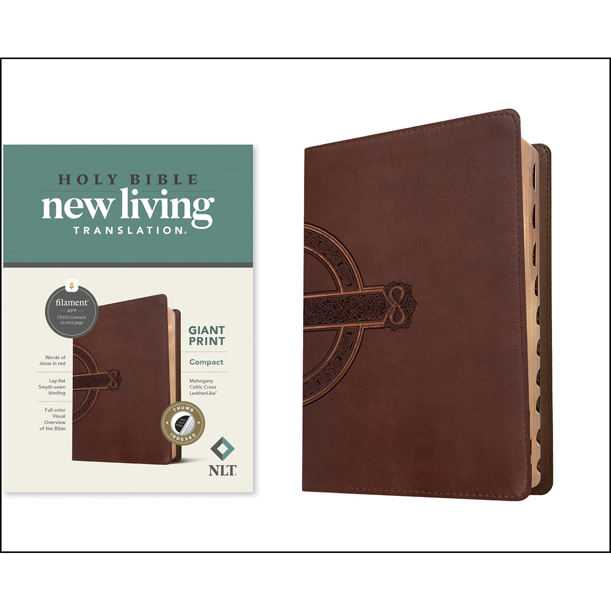 NLT Filament Compact Bible Giant Print Red Letter Indexed Mahogany Celtic Cross (Imitation Leather)