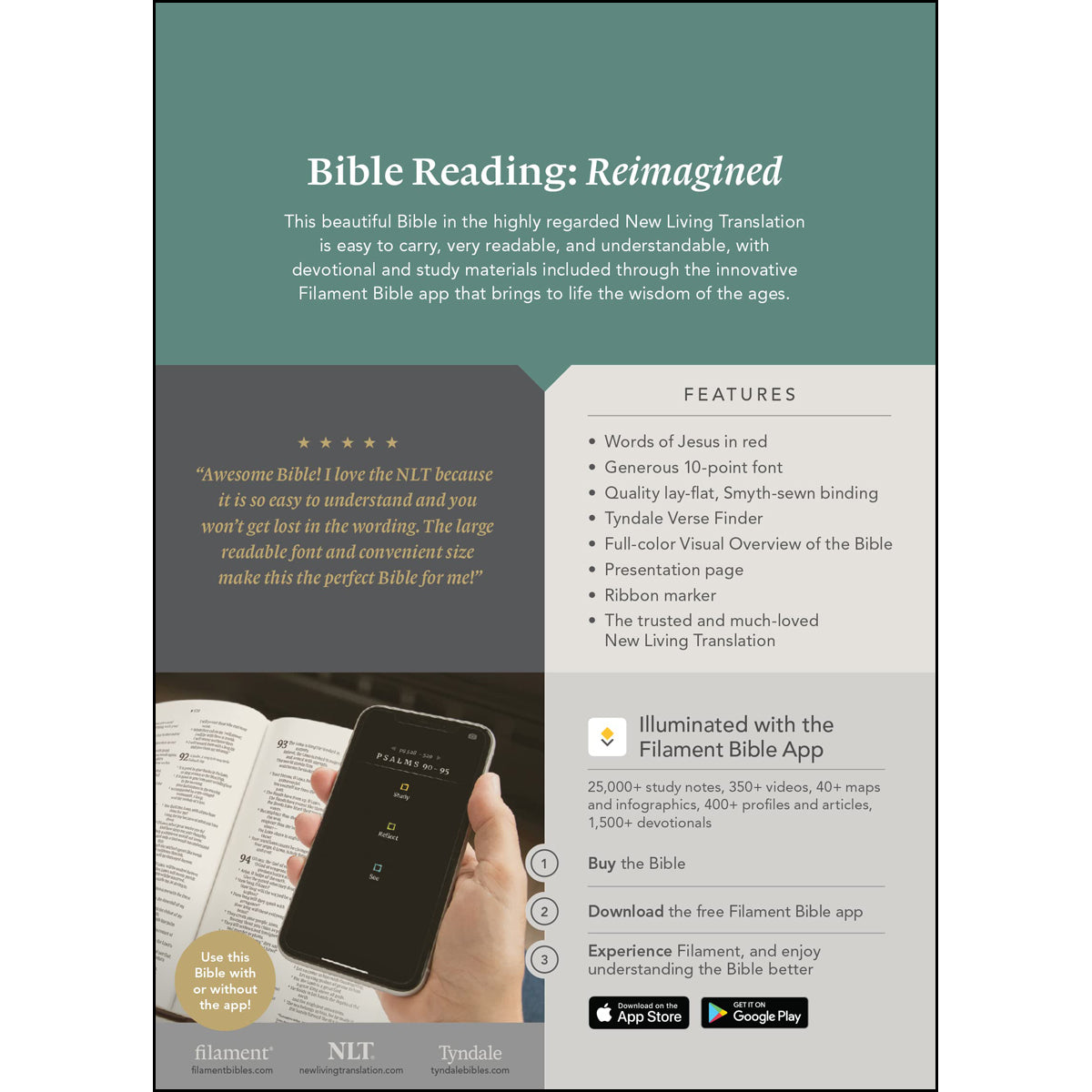 NLT Filament Compact Bible Giant Print Red Letter Peony Rich Teal (Imitation Leather)