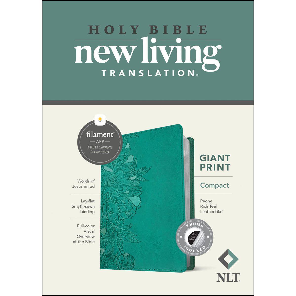 NLT Filament Compact Bible Giant Print Red Letter Indexed Peony Rich Teal (Imitation Leather)