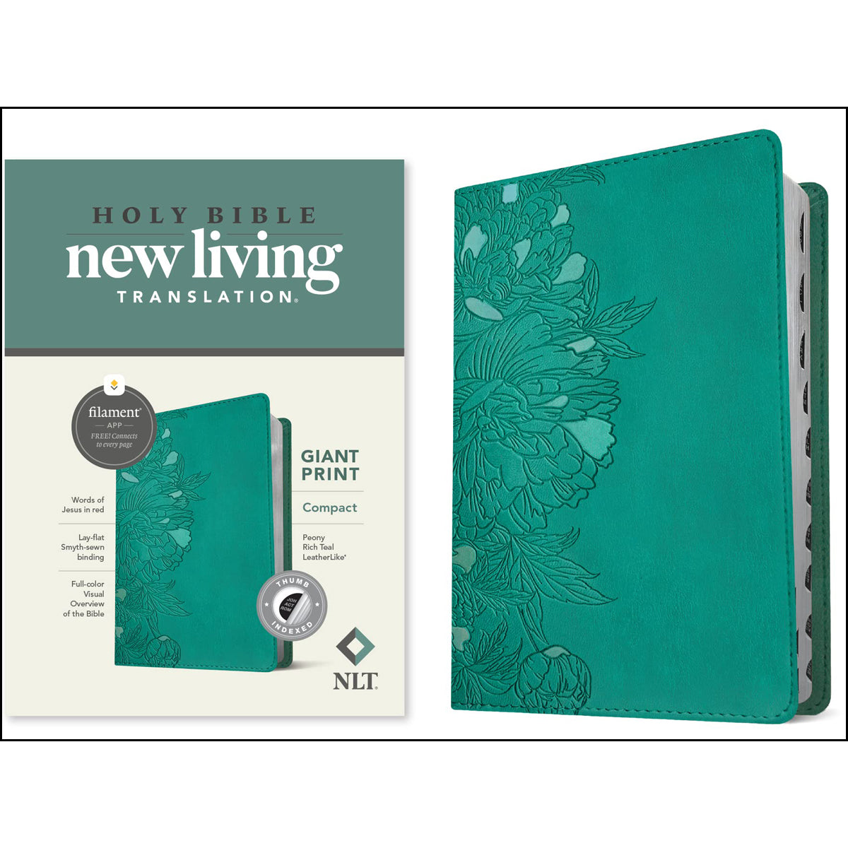 NLT Filament Compact Bible Giant Print Red Letter Indexed Peony Rich Teal (Imitation Leather)
