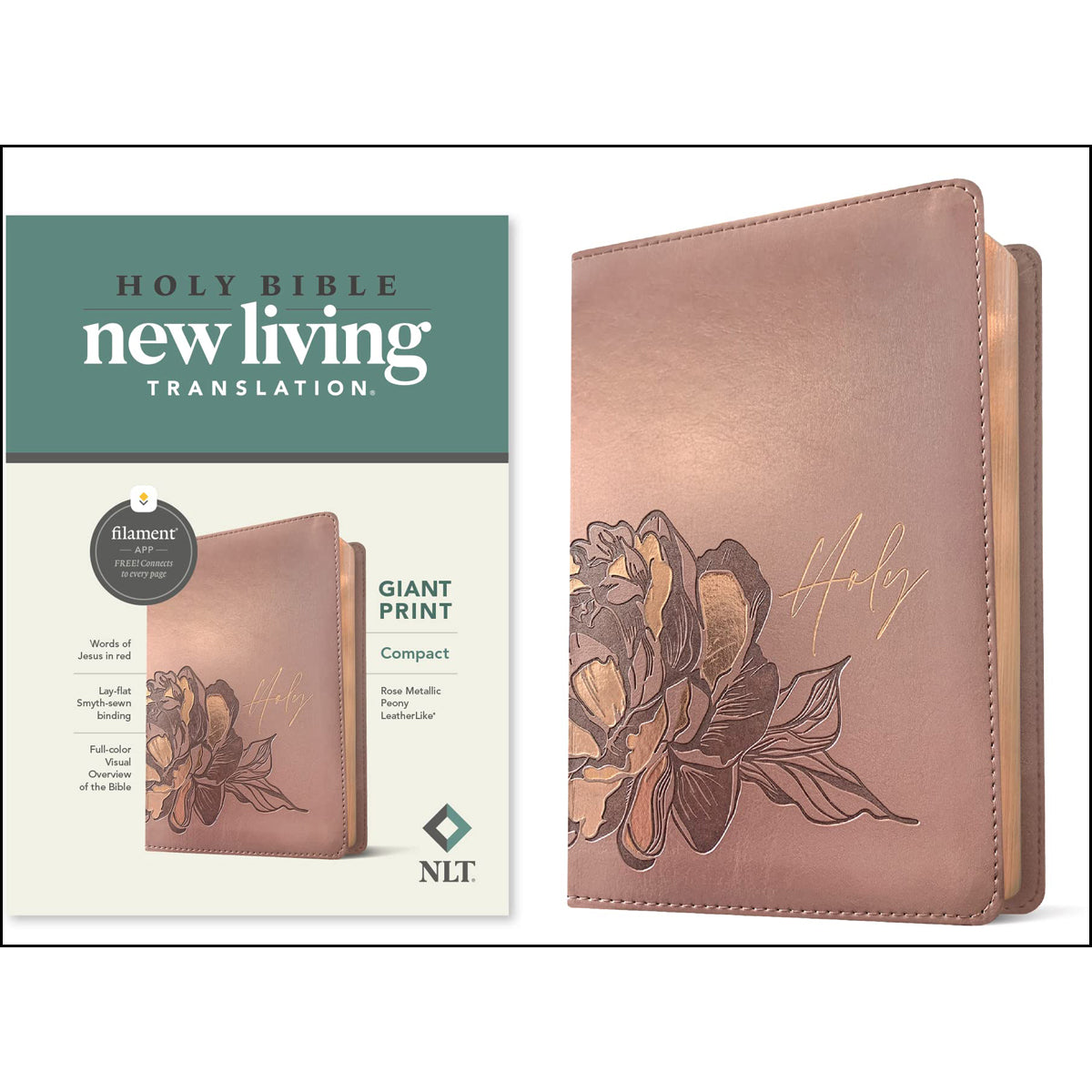 NLT Filament Compact Bible Giant Print Red Letter Rose Metallic Peony (Imitation Leather)
