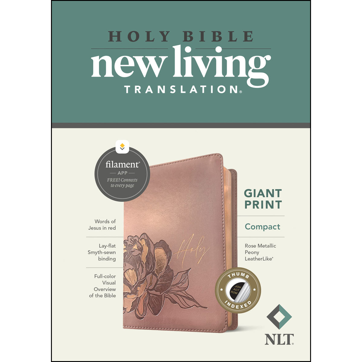 NLT Filament Compact Bible Giant Print Red Letter Indexed Rose Metallic Peony (Imitation Leather)
