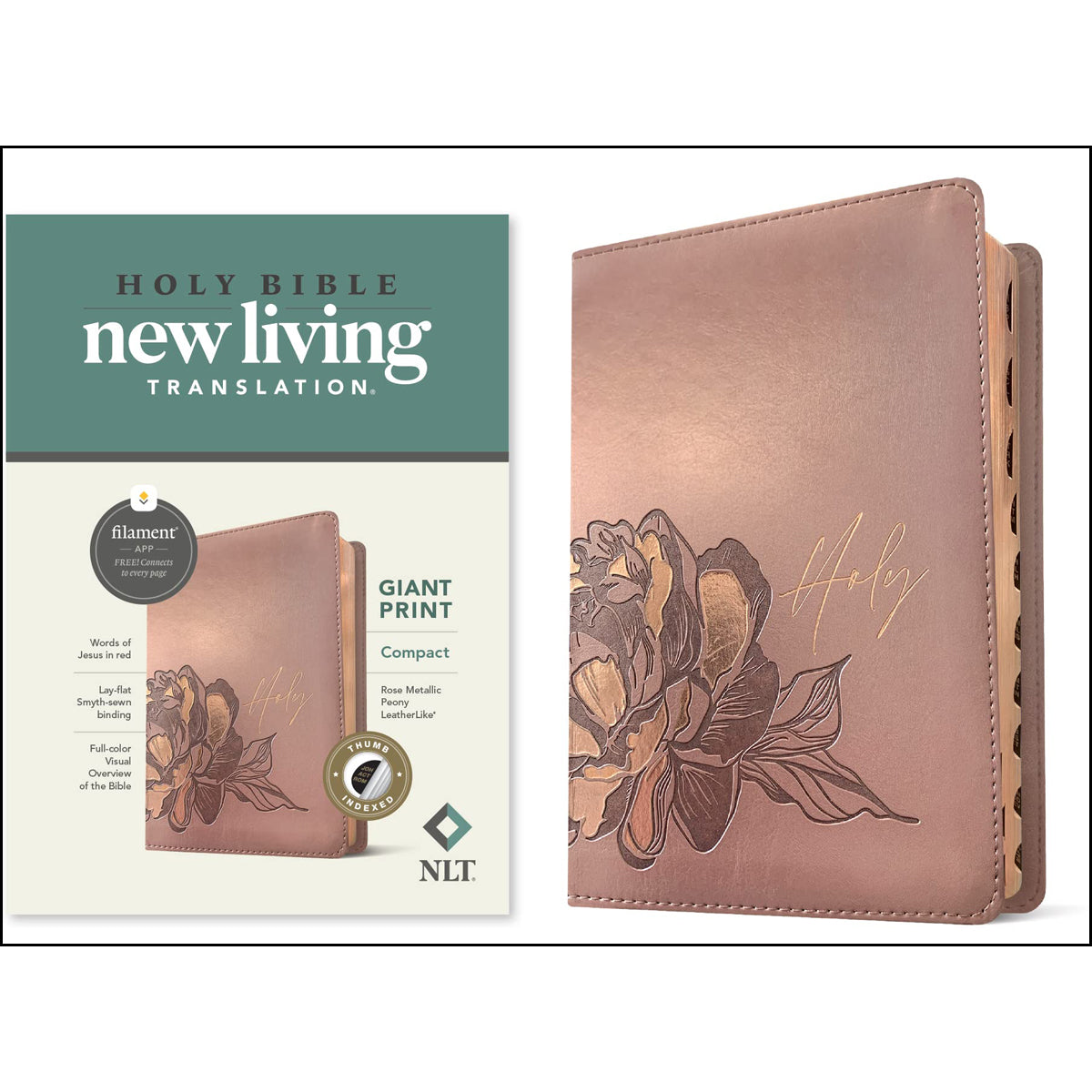 NLT Filament Compact Bible Giant Print Red Letter Indexed Rose Metallic Peony (Imitation Leather)