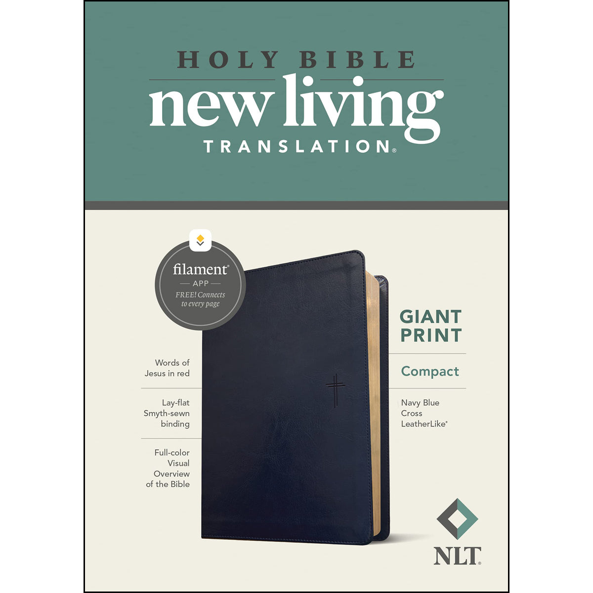 NLT Filament Compact Bible Giant Print Red Letter Navy Blue Cross (Imitation Leather)