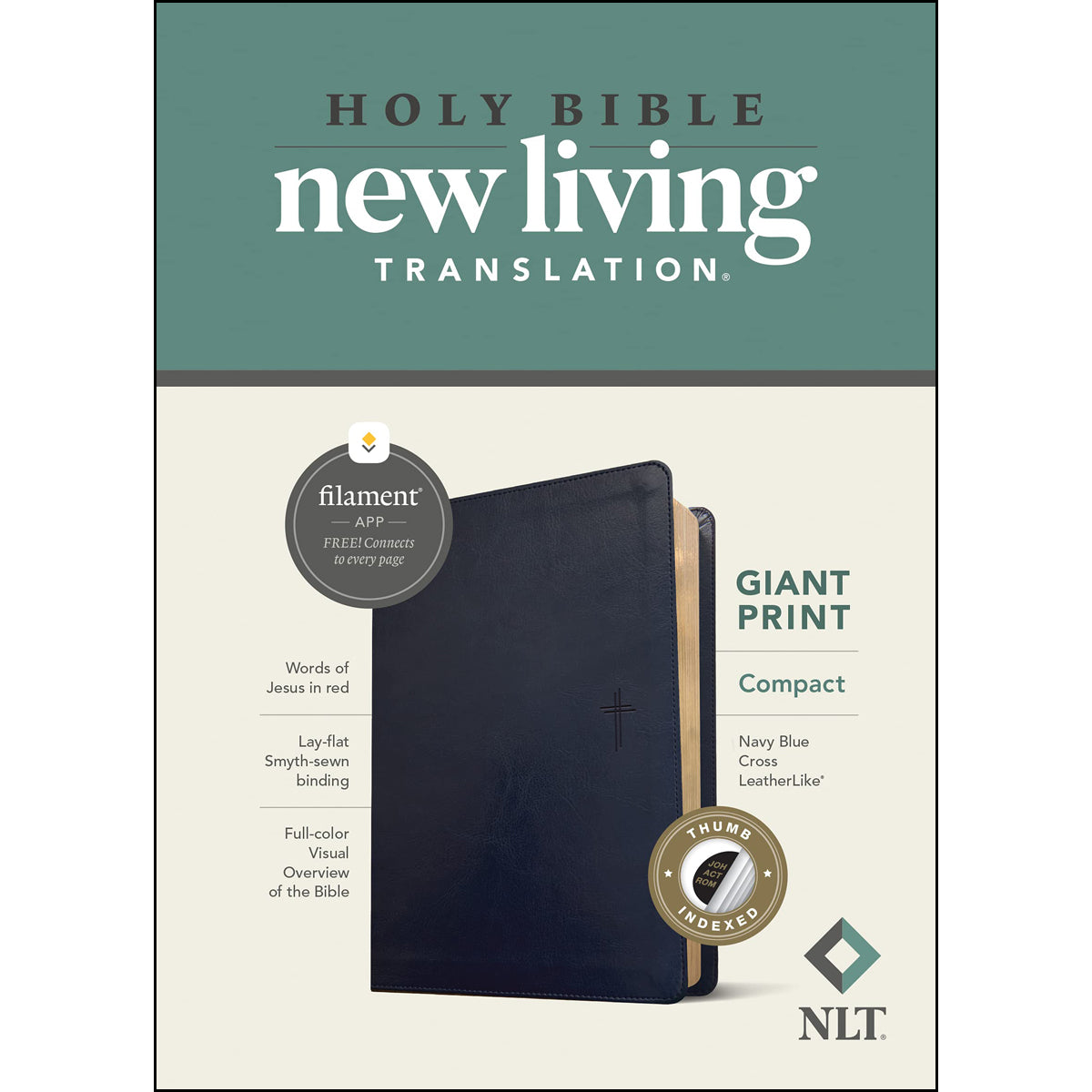 NLT Filament Compact Bible Giant Print Red Letter Indexed Navy Blue Cross (Imitation Leather)