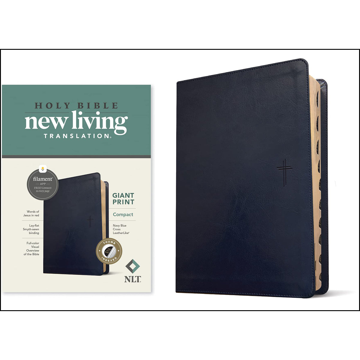 NLT Filament Compact Bible Giant Print Red Letter Indexed Navy Blue Cross (Imitation Leather)