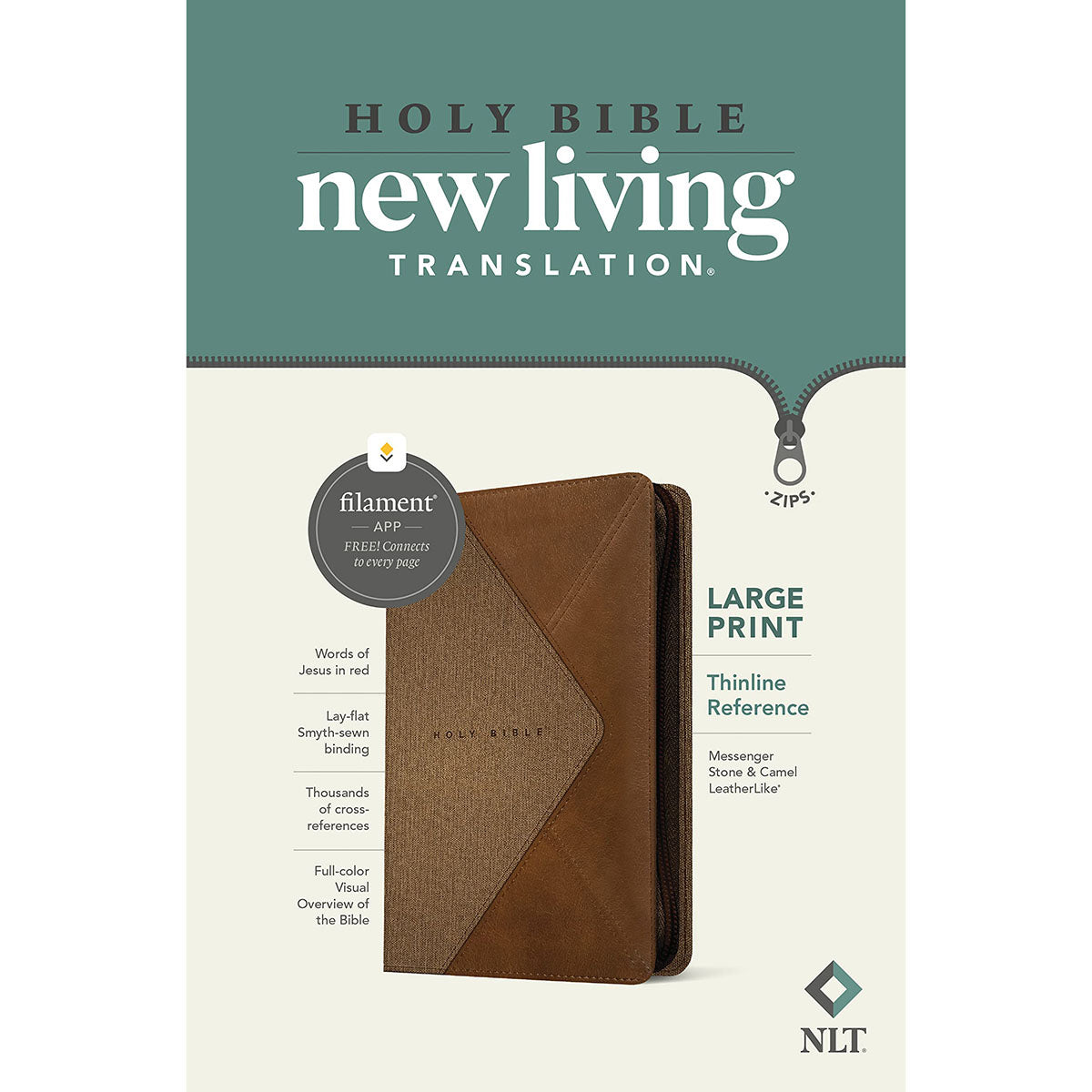 NLT Filament Thinline Reference Bible, Large Print, Stone & Camel With Zip (Imitation Leather)