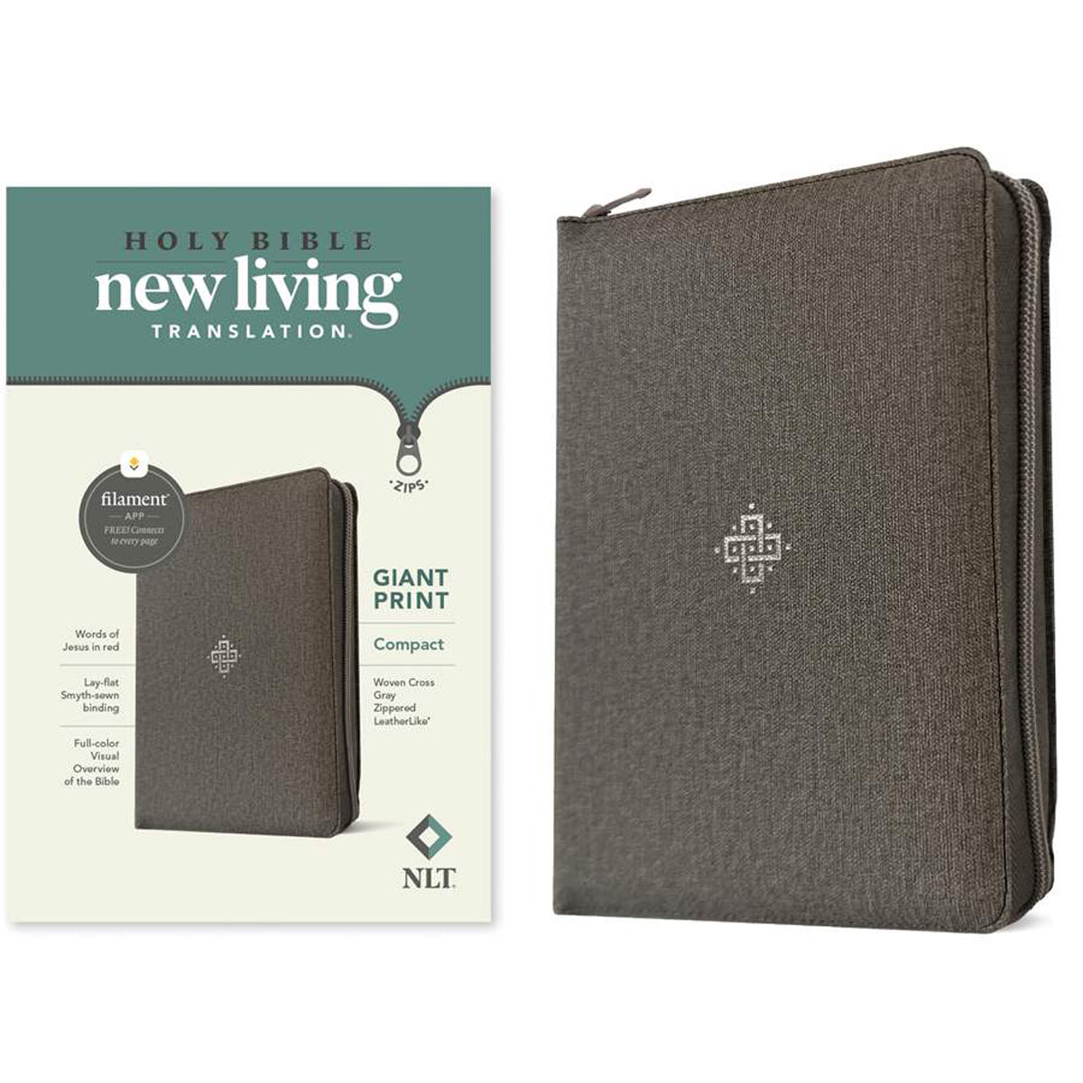 NLT Woven Cross Grey Imitation Leather Compact Filament Zipper Bible Giant Print