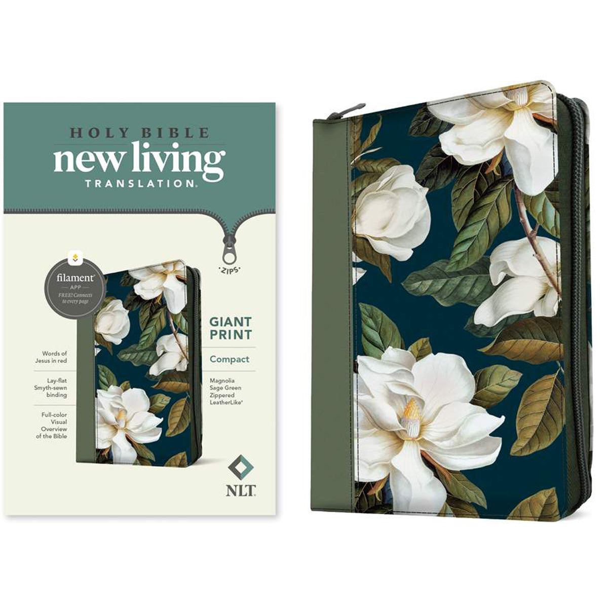 NLT Magnolia Sage Green Imitation Leather Compact Filament Zipper Bible Giant Print