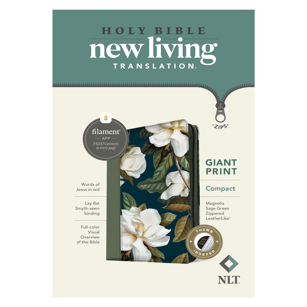 NLT Sage Green Imitation Leather Filament Compact Zipper Bible Giant Print