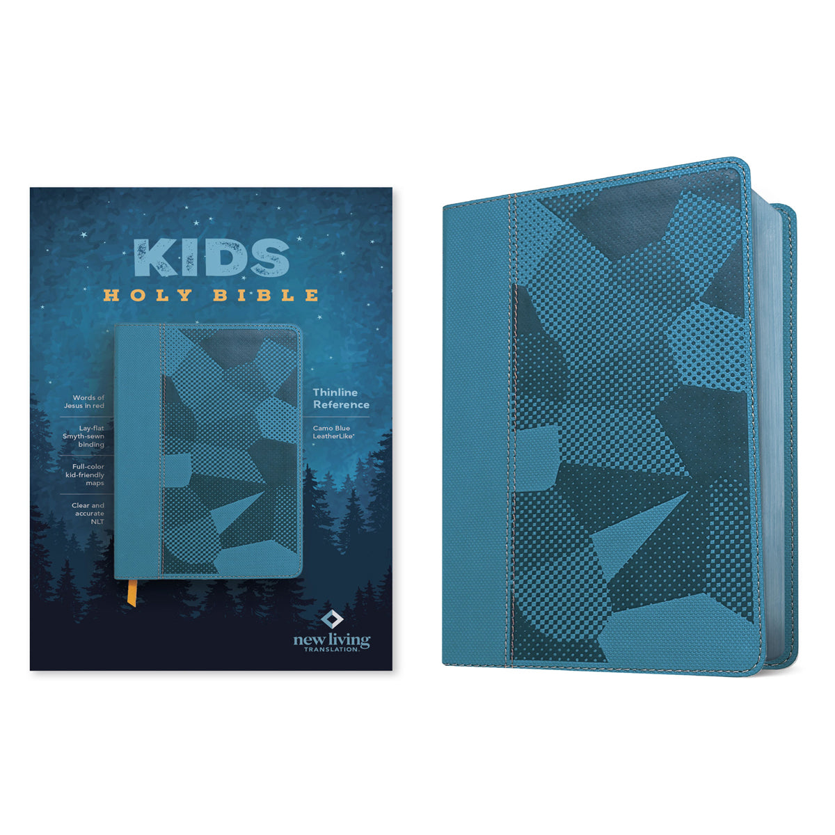 NLT Blue Camo Imitation Leather Thinline Reference Red Letter Kids Bible