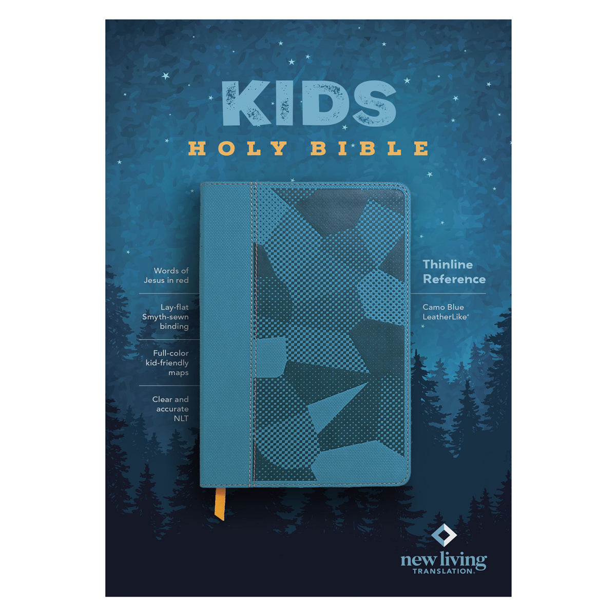 NLT Blue Camo Imitation Leather Thinline Reference Red Letter Kids Bible