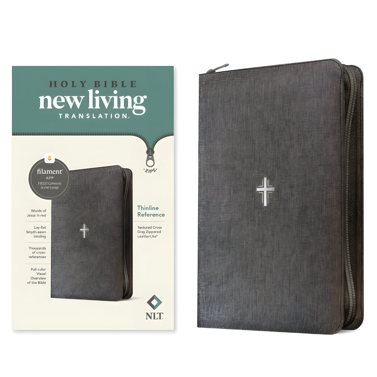 NLT Textured Cross Grey Imitation Leather with Zip Filament Thinline Ref Bible Red Letter