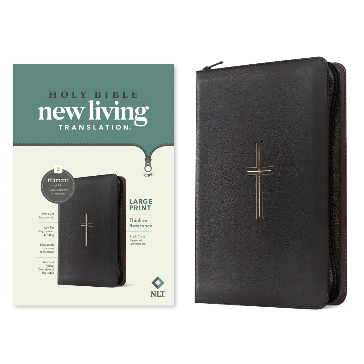 NLT Black Cross Imitation Leather with Zip Filament Thinline Ref Bible Large Print Red Letter