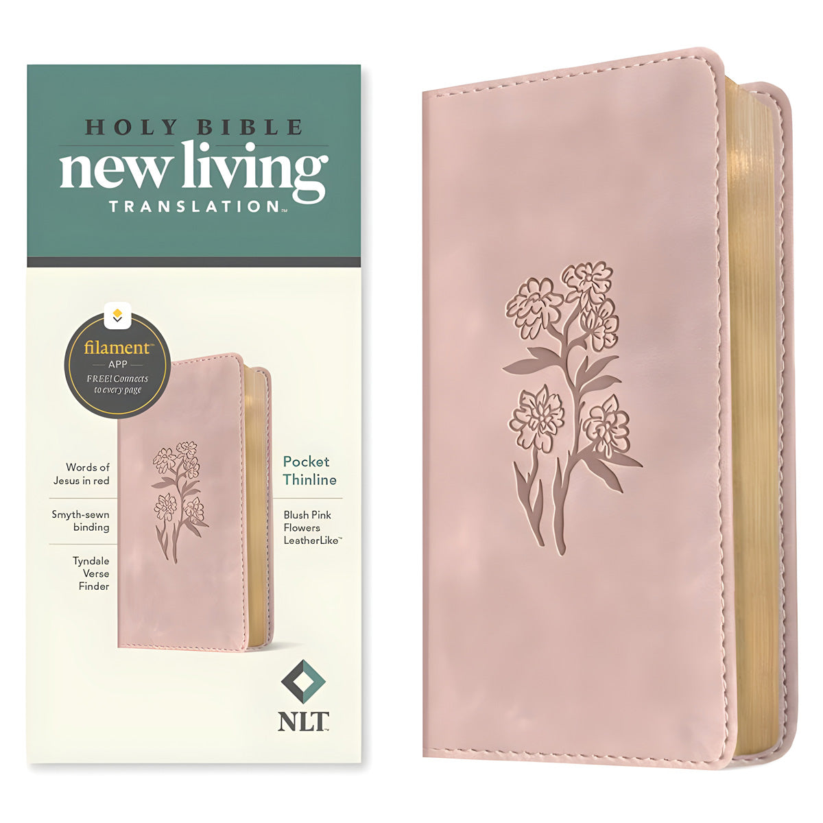 NLT Blush Pink Flowers Imitation Leather Filament Pocket Thinline Bible Red Letter