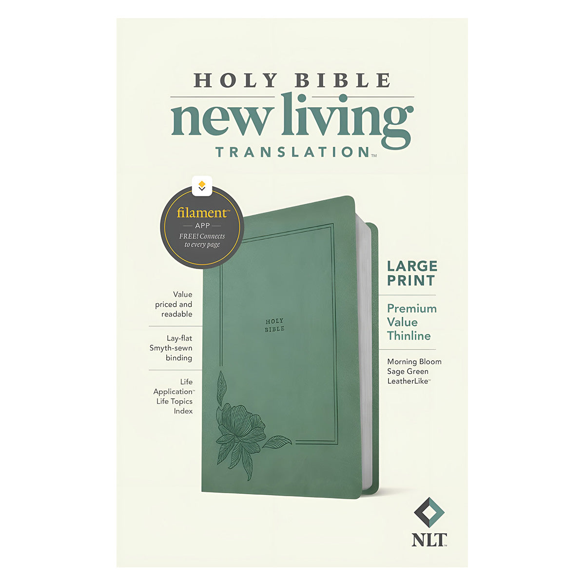 NLT Filament Premium Value Thinline Bible Large Print Imitation Leather Morning Bloom Sage Green