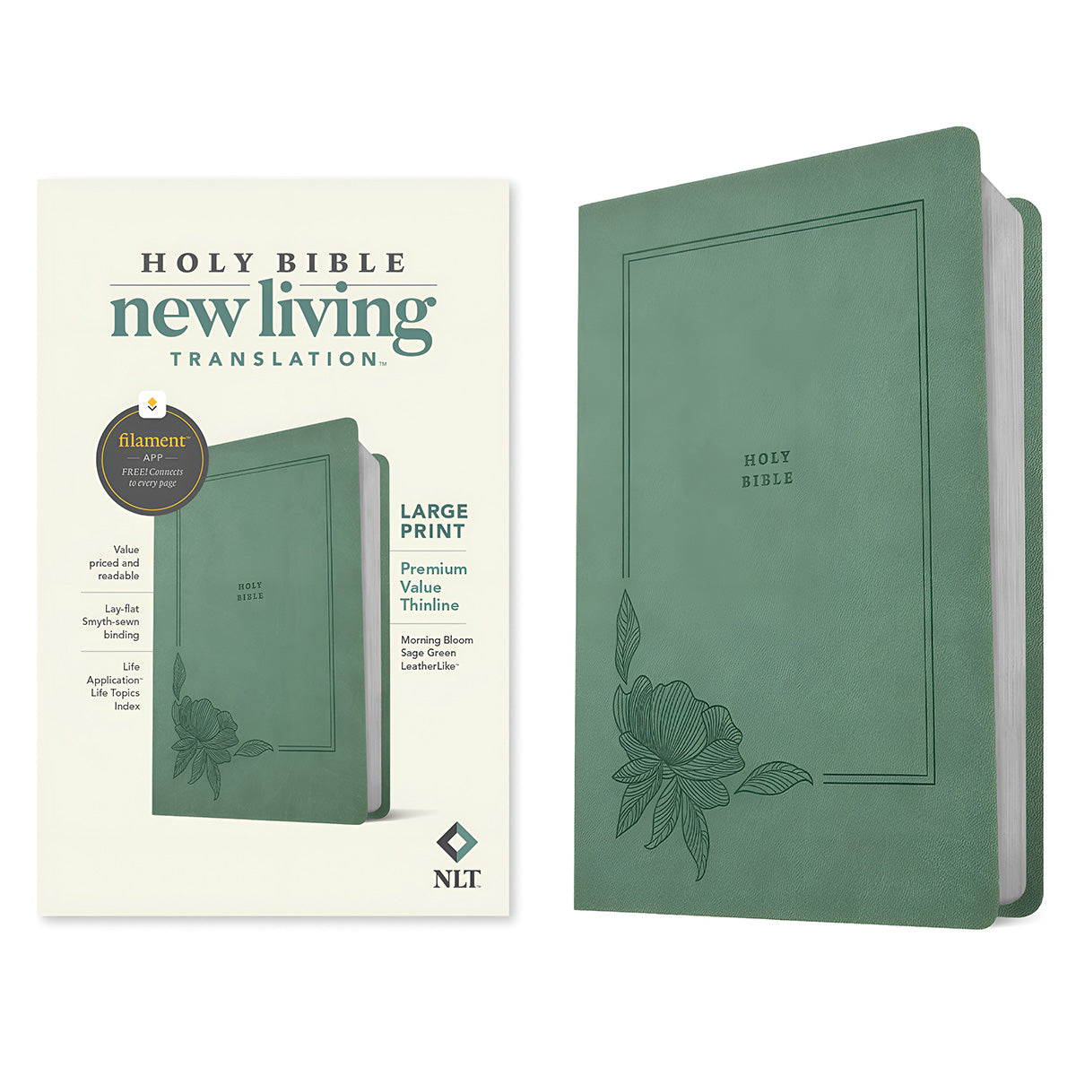 NLT Filament Premium Value Thinline Bible Large Print Imitation Leather Morning Bloom Sage Green