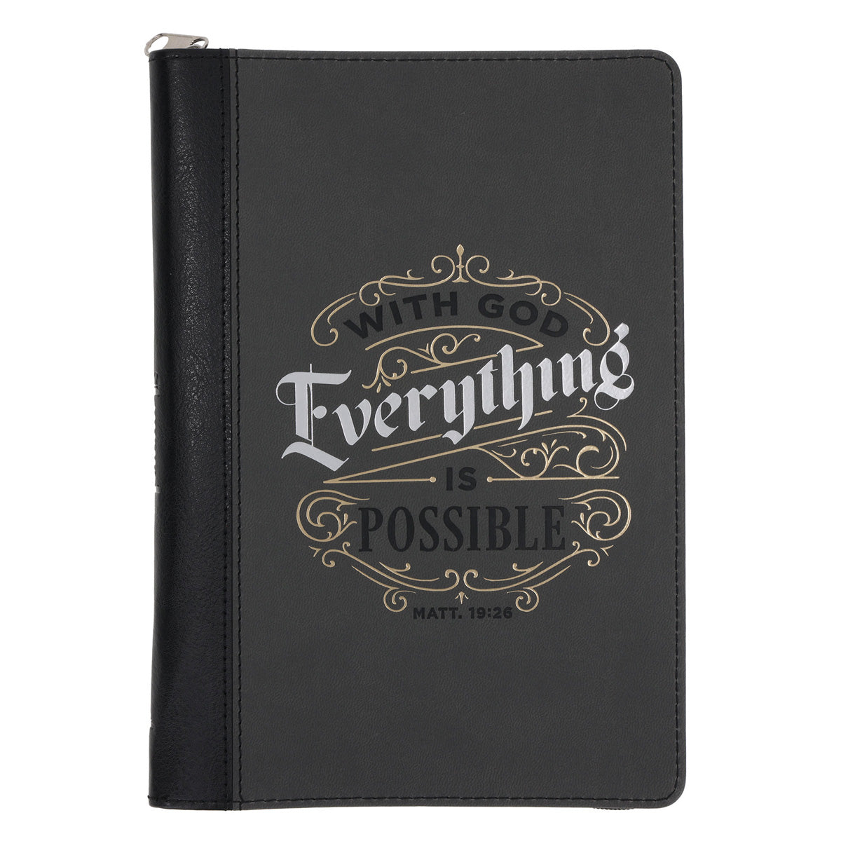 With God Everything is Possible Grey and Black Faux Leather Journal with Zipped Closure