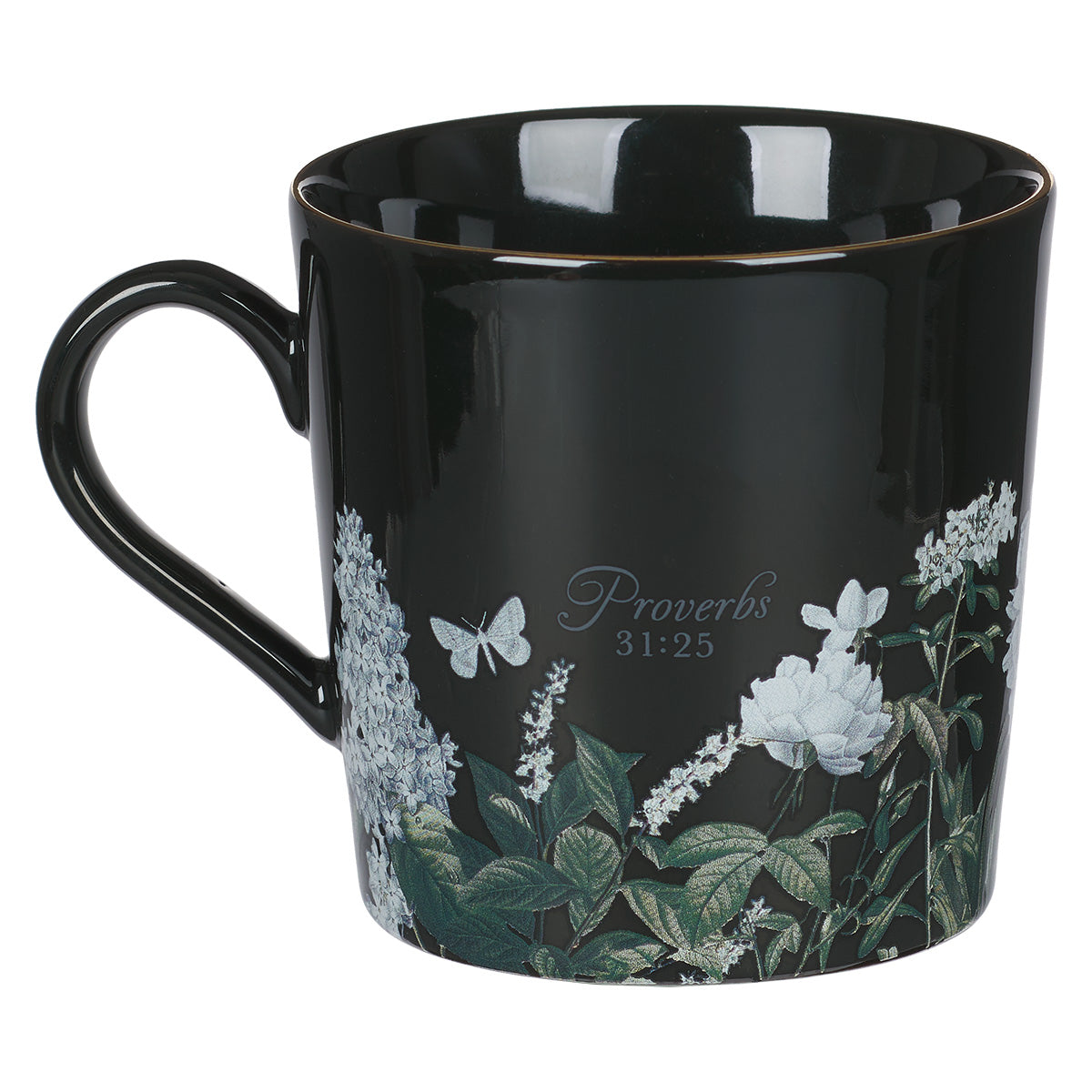 Strength And Dignity Floral Black Ceramic Mug - Proverbs 31:25