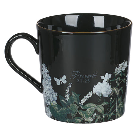 Strength And Dignity Floral Black Ceramic Mug - Proverbs 31:25