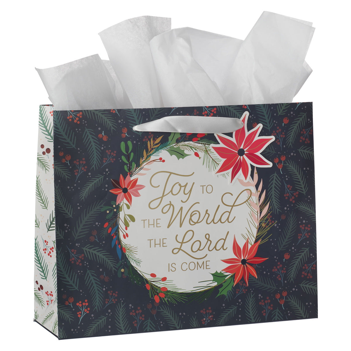 Joy to the World the Lord Is Come Poinsettia Landscape Gift Bag with Gift Tag