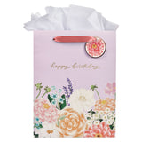 Happy Birthday Purple Floral Portrait Gift Bag with Gift Tag