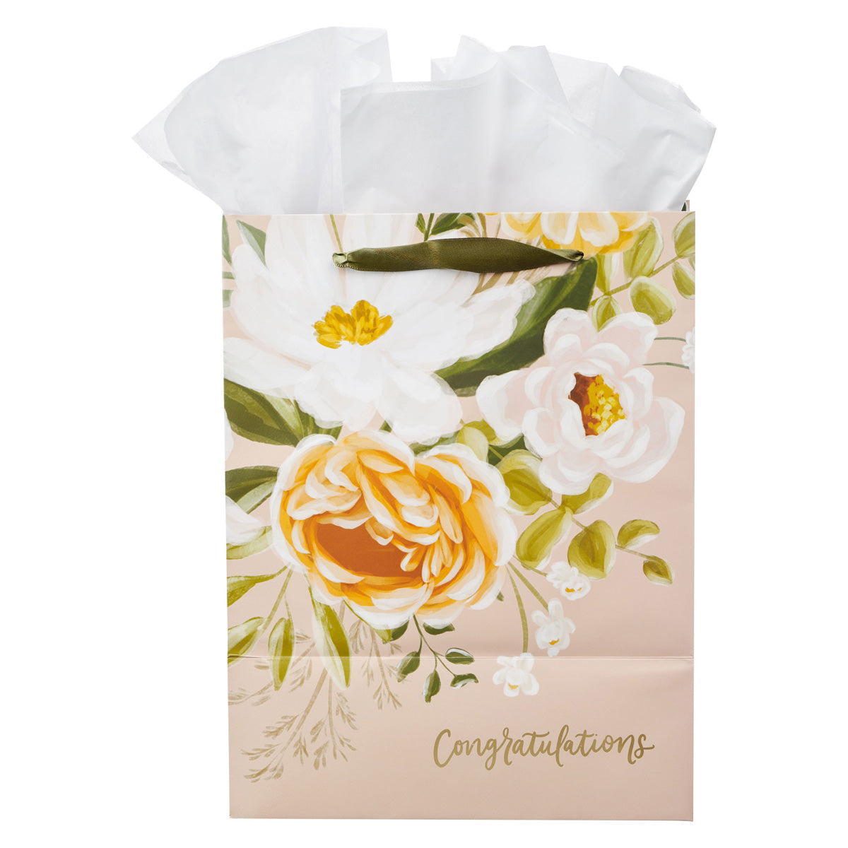 Congratulations Neutral Floral Portrait Gift Bag with Gift Tag