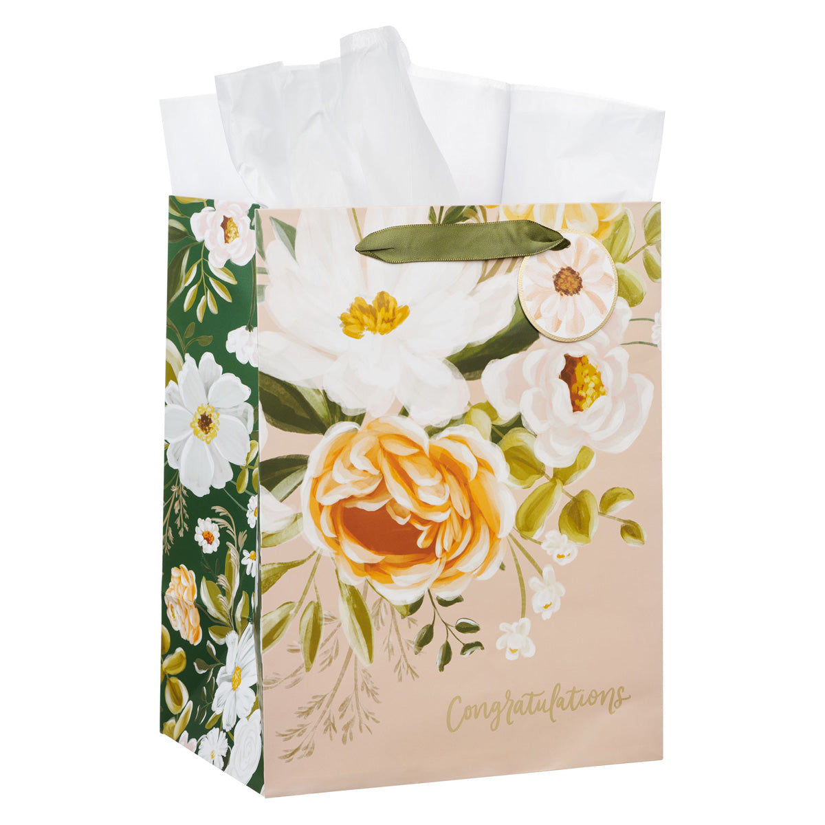 Congratulations Neutral Floral Portrait Gift Bag with Gift Tag