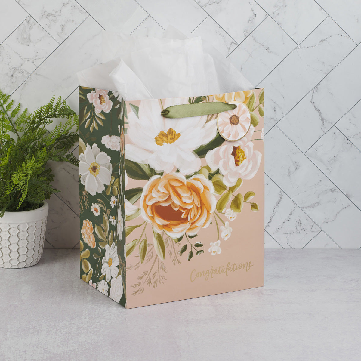 Congratulations Neutral Floral Portrait Gift Bag with Gift Tag