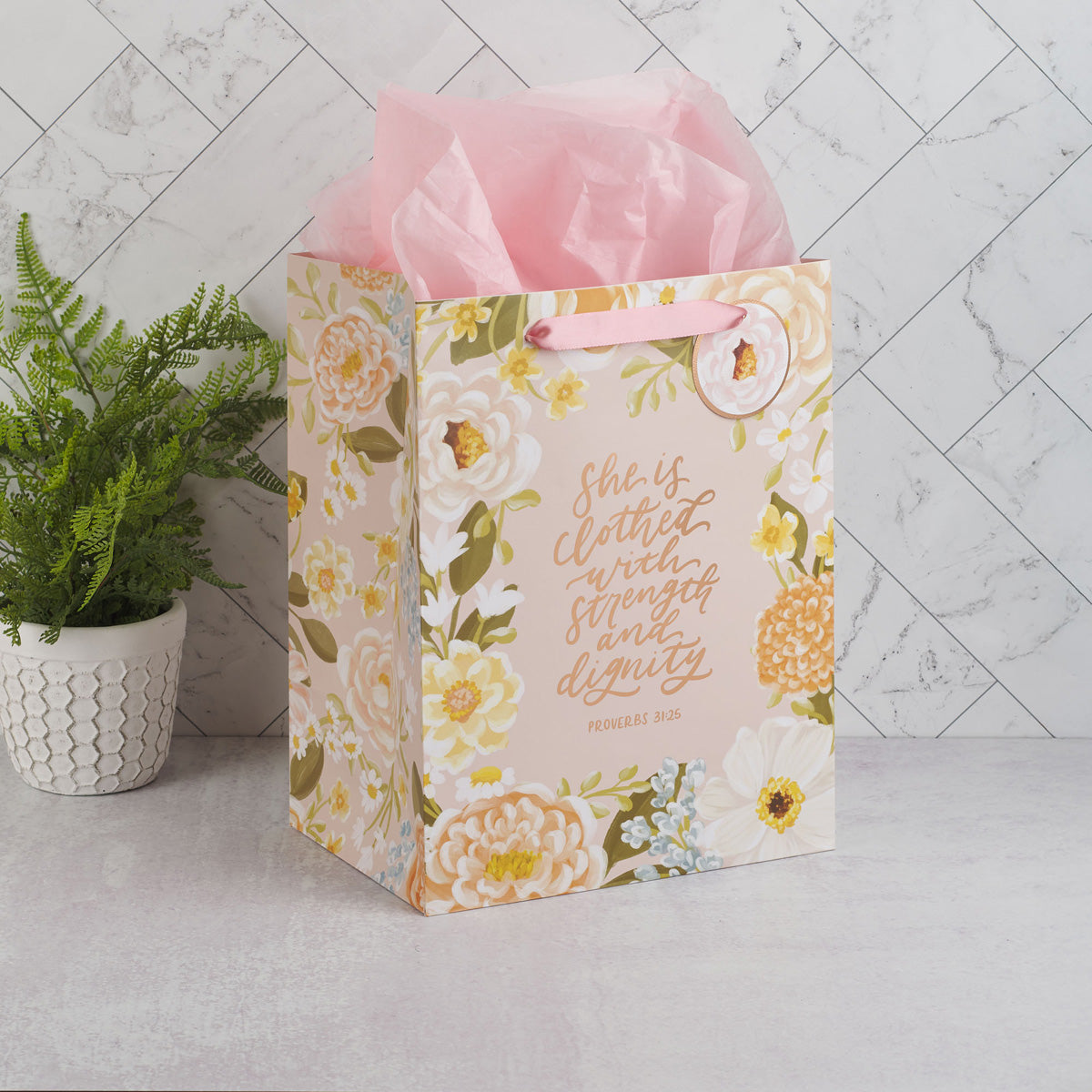 She Is Clothed with Strength and Dignity Portrait Gift Bag with Gift Tag