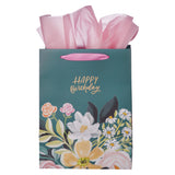 Happy Birthday Dark Floral Portrait Gift Bag with Gift Tag