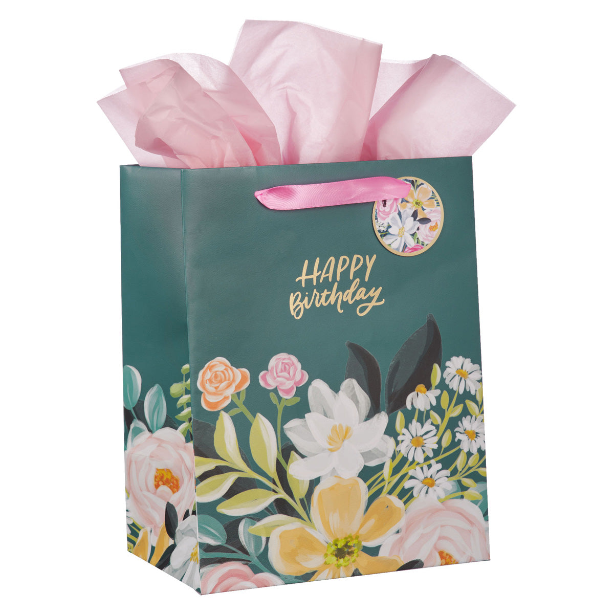 Happy Birthday Dark Floral Portrait Gift Bag with Gift Tag