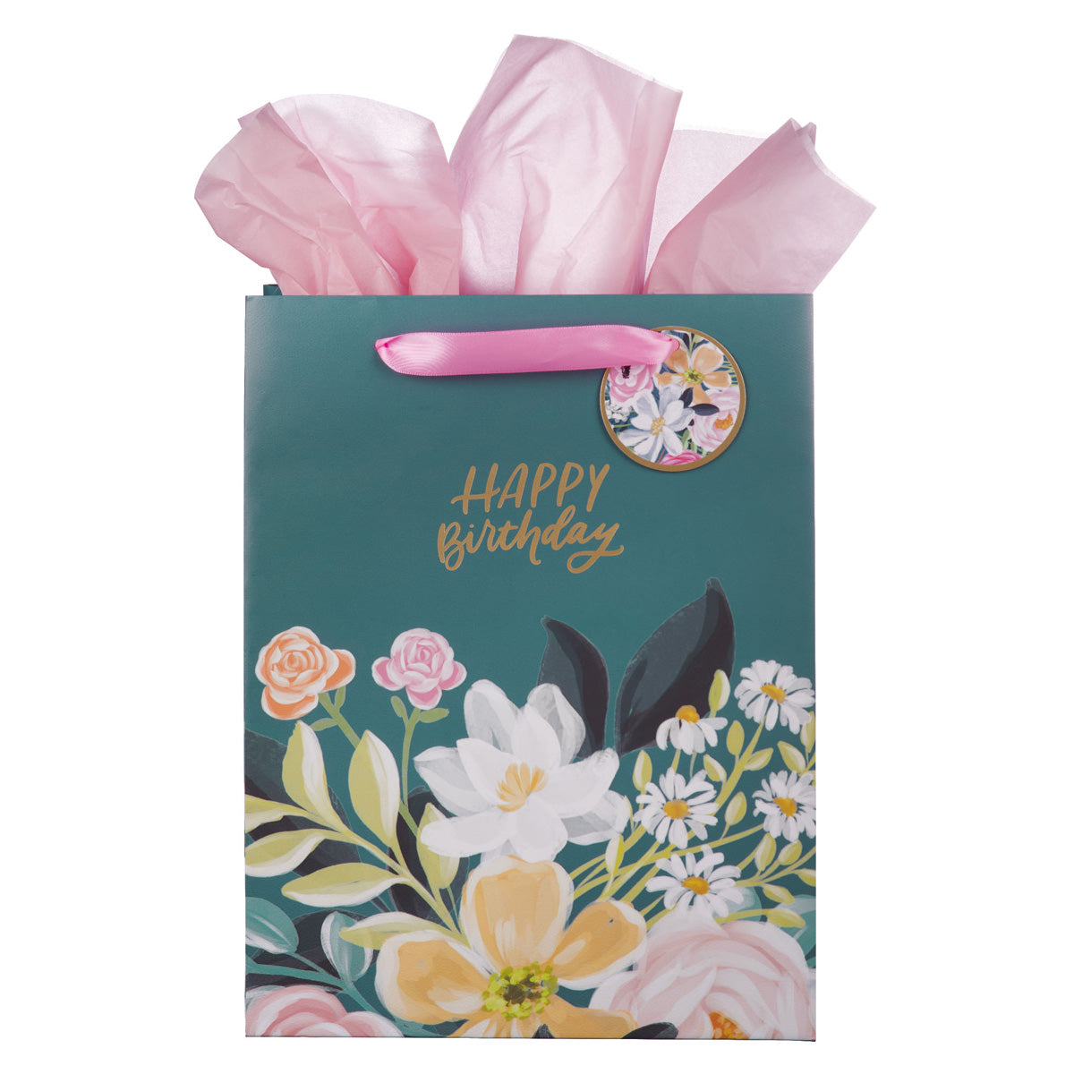 Happy Birthday Dark Floral Portrait Gift Bag with Gift Tag