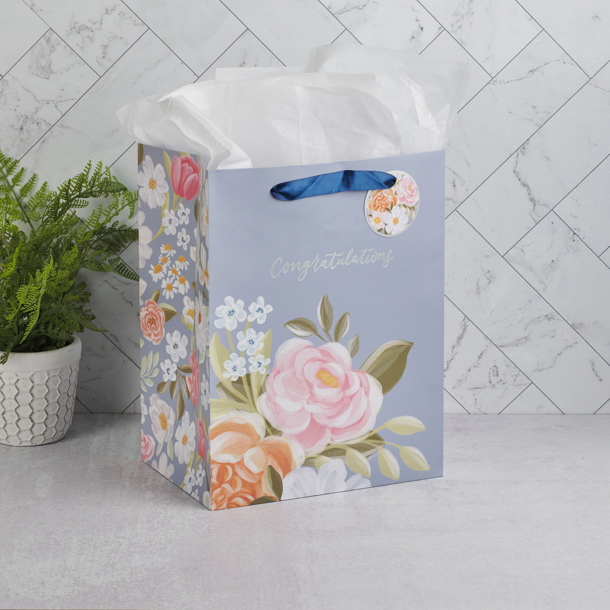 Congratulations Blue Floral Portrait Gift Bag with Gift Tag