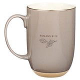 God Works Together All Things for Good Taupe Ceramic Mug with Cream Interior