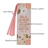 She Is Clothed with Strength and Dignity Pink Faux Leather Bookmark