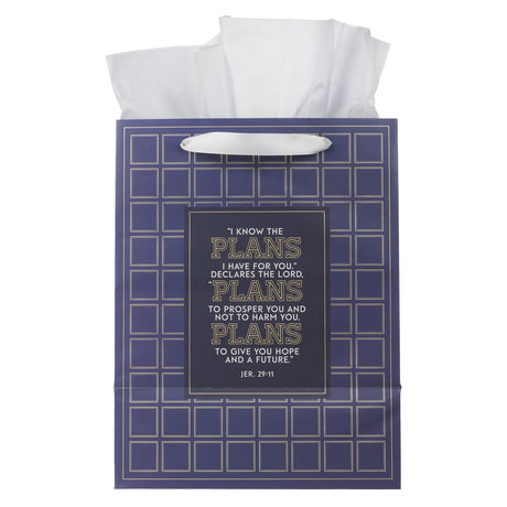 I Know the Plans Grid Navy Portrait Gift Bag with Gift Tag